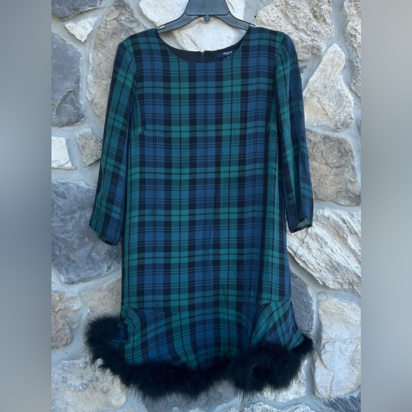 Madewell Dresses & Skirts - Madewell Plaid Silk Dress Sz 6 Christmas Holiday Party Blue Green Feather Hem